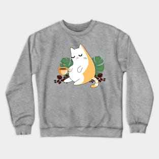 Ginger persian orange cute cat drinking coffee surrounded by leaves and beans of coffee Crewneck Sweatshirt